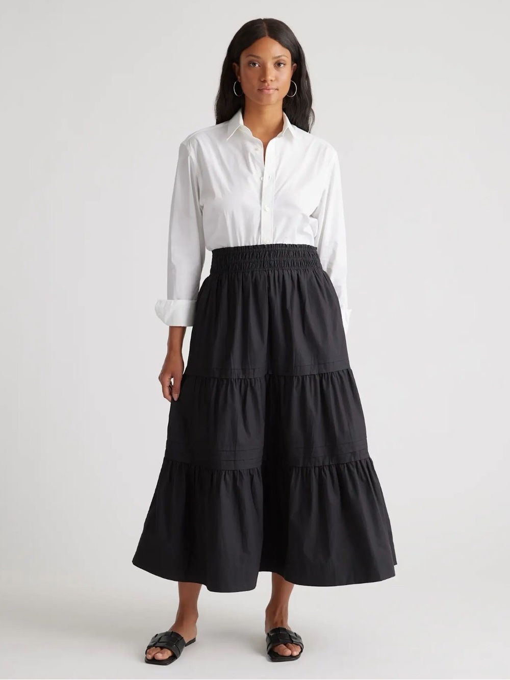 Quince Organic Cotton Poplin Tiered Maxi Skirt – Black XS Regular - Like New - Picture 2 of 9